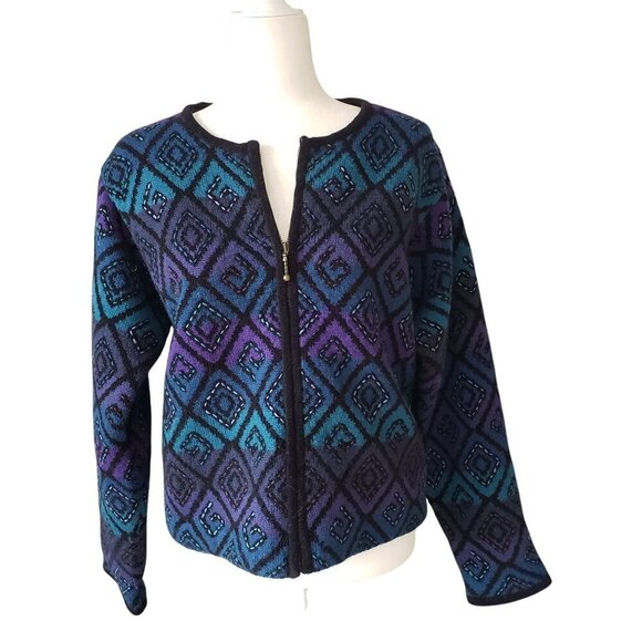 Vtg Y2K Icelandic Design Women's Wool Diamond Pattern Zip-Up Cardigan Jacket LG - Picture 16 of 16